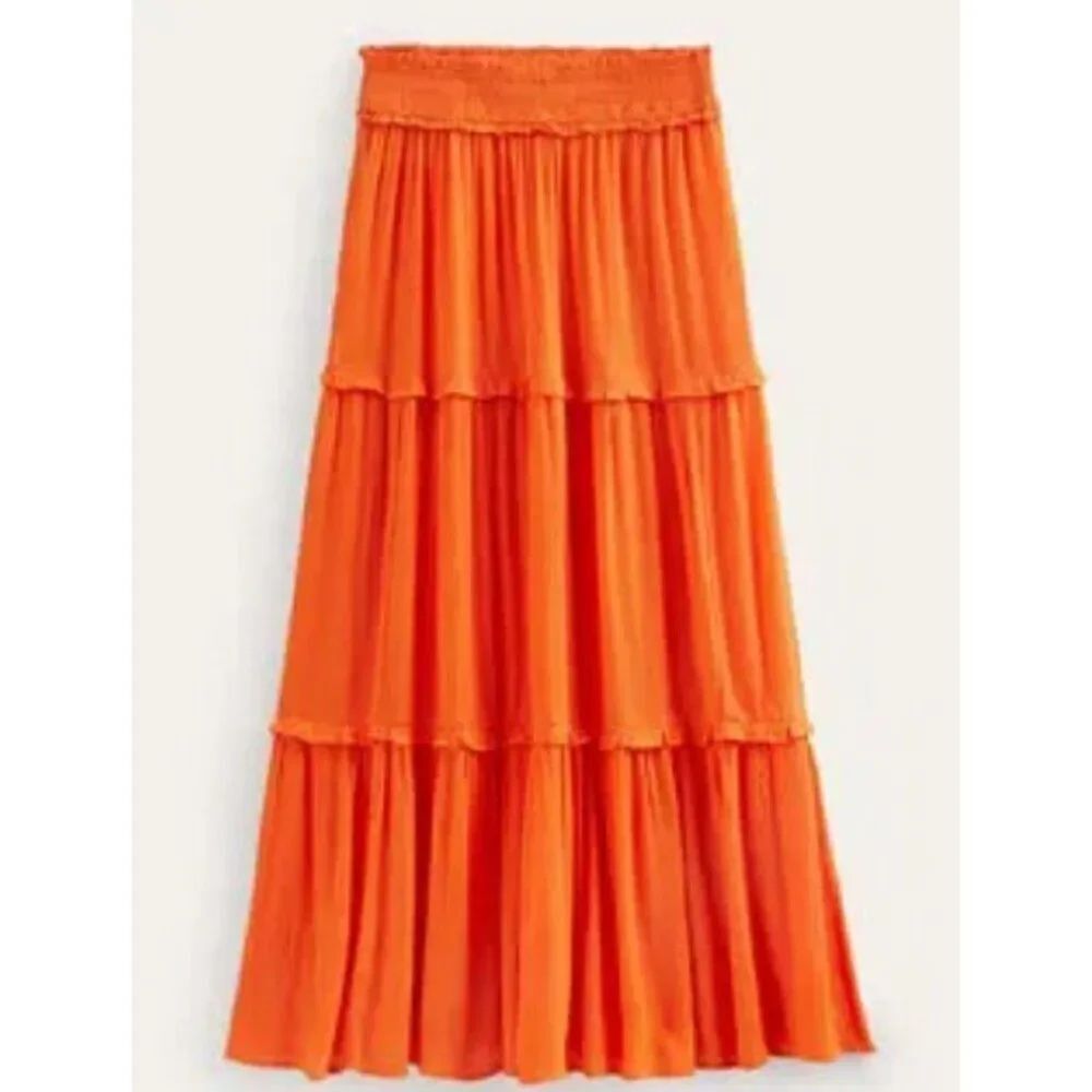 Boden Womens A-Line Skirt UK10P US 6P Orange Midi Tiered Smocked Waist R0393 NWT